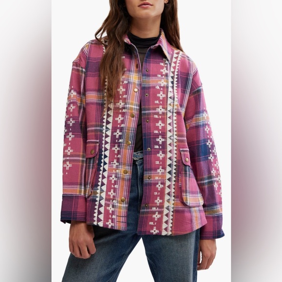 NWT Free People Nordic Chill Plaid Button-Up Shirt Jacket in Painted Hills - Picture 1 of 2